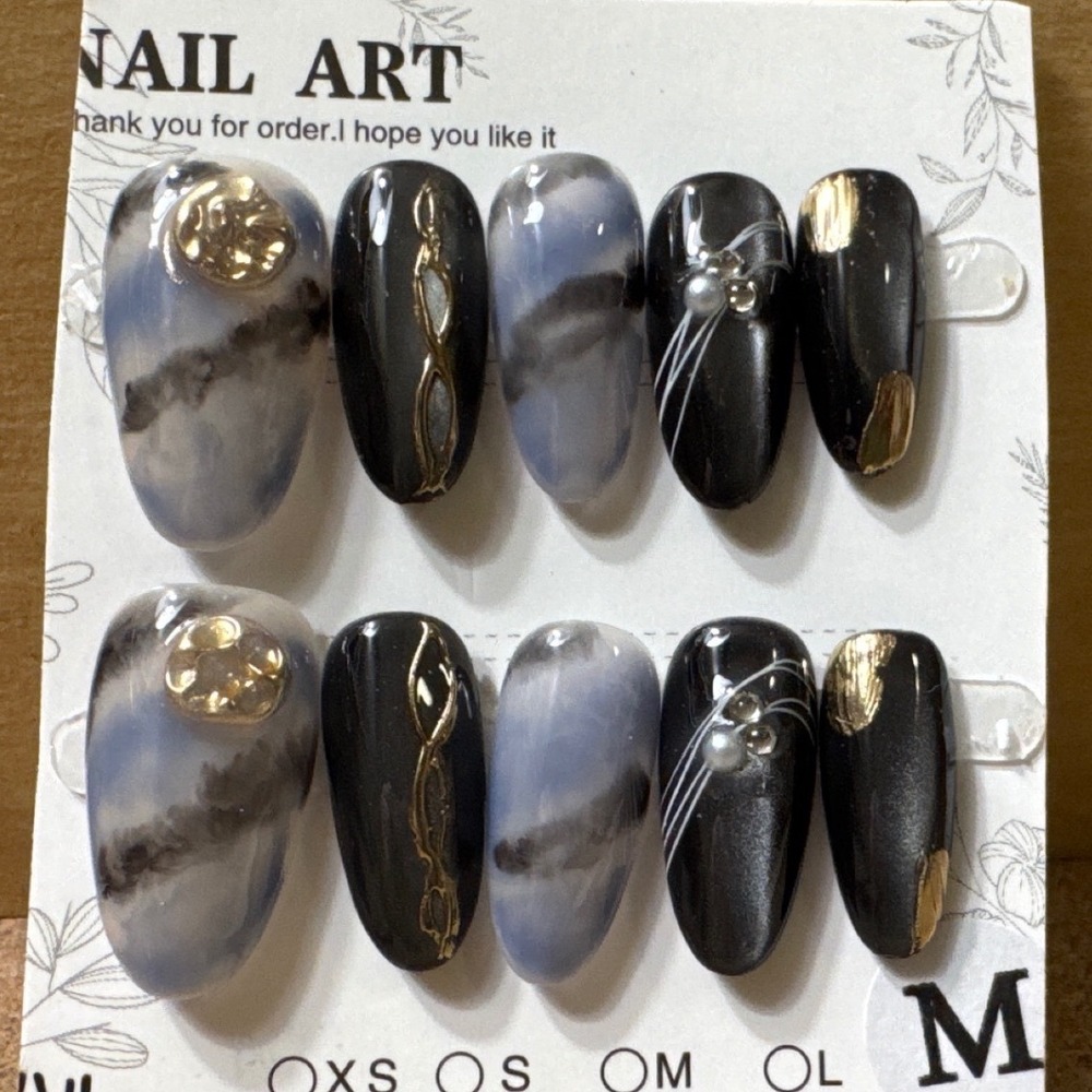 Press On Nails Black Silver Gray Gold Elegant Nail Art‎ M
